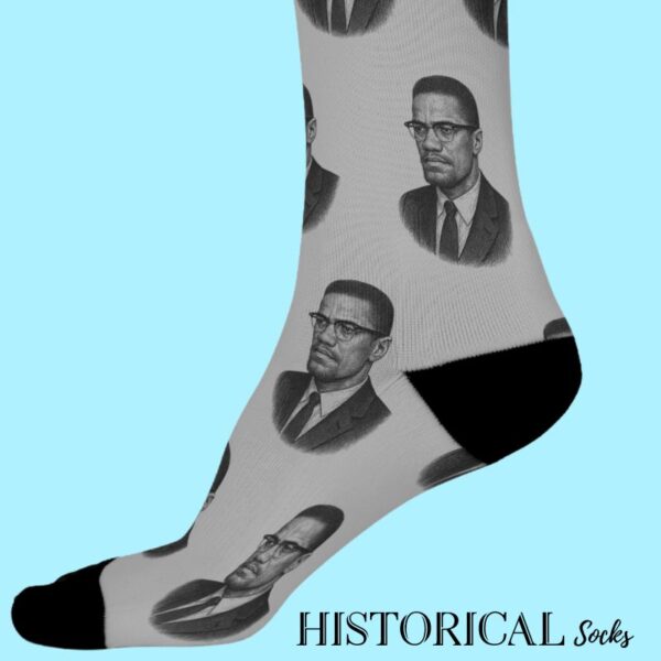Gray socks featuring Malcolm X’s portrait, a perfect gift for activists and history buffs.