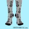 Gray socks with Malcolm X portrait, a stylish tribute to the civil rights leader.
