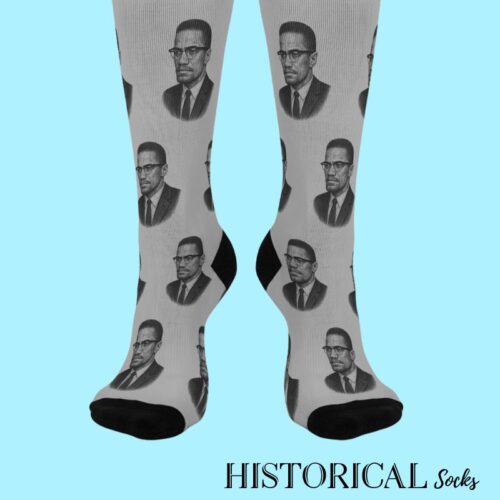Gray socks with Malcolm X portrait, a stylish tribute to the civil rights leader.