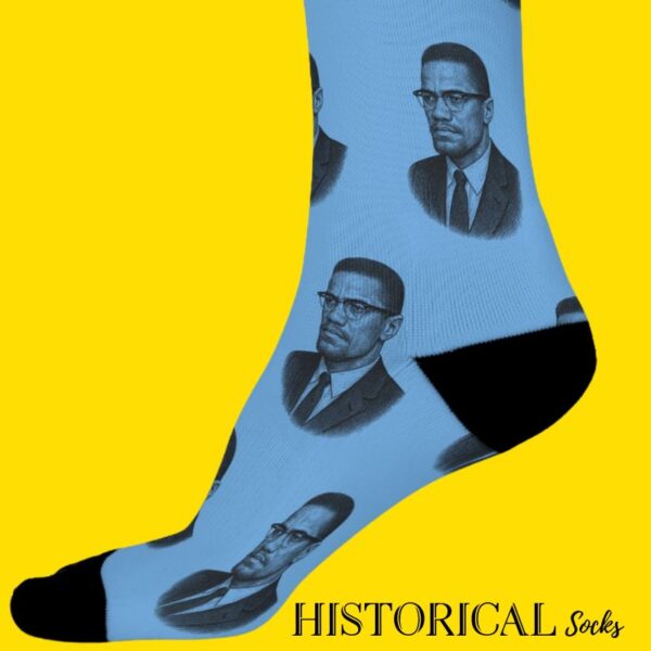 Blue socks featuring Malcolm X’s portrait, a perfect gift for activists and history buffs.