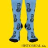 Blue socks with Malcolm X portrait, a stylish tribute to the civil rights leader.
