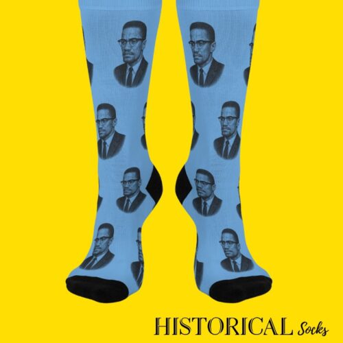 Blue socks with Malcolm X portrait, a stylish tribute to the civil rights leader.