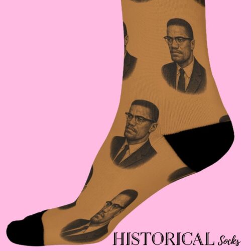 Brown socks featuring Malcolm X’s portrait, a perfect gift for activists and history buffs.
