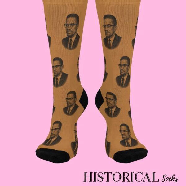 Brown socks with Malcolm X portrait, a stylish tribute to the civil rights leader.