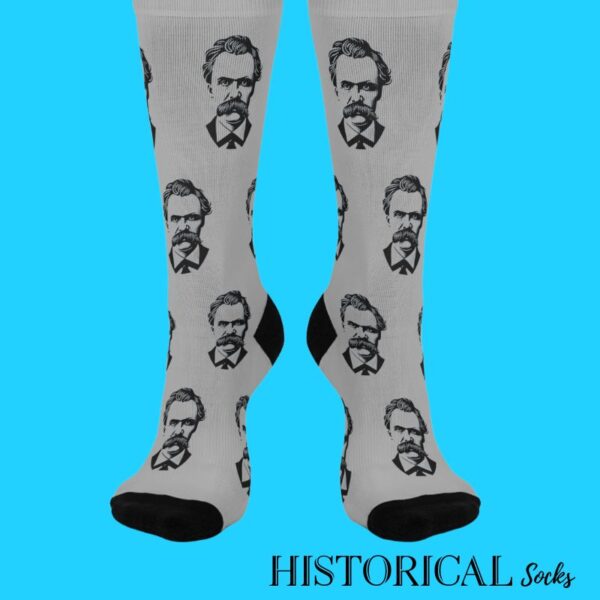 Front facing Friedrich Nietsche socks in gray