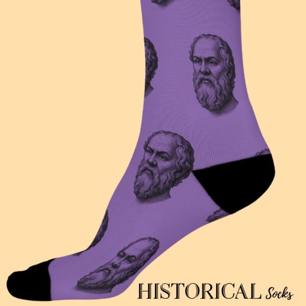 Purple socks with Socrates prints