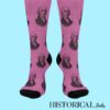 Front facing pink socks with James Madison prints