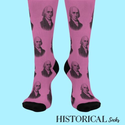 Front facing pink socks with James Madison prints