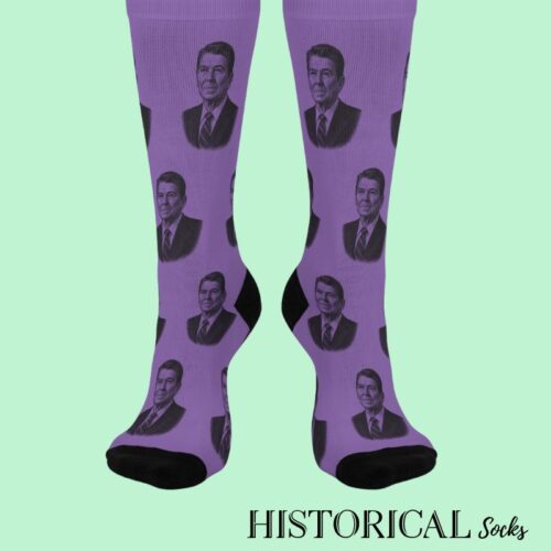 Front facing Ronald Reagan socks in purple