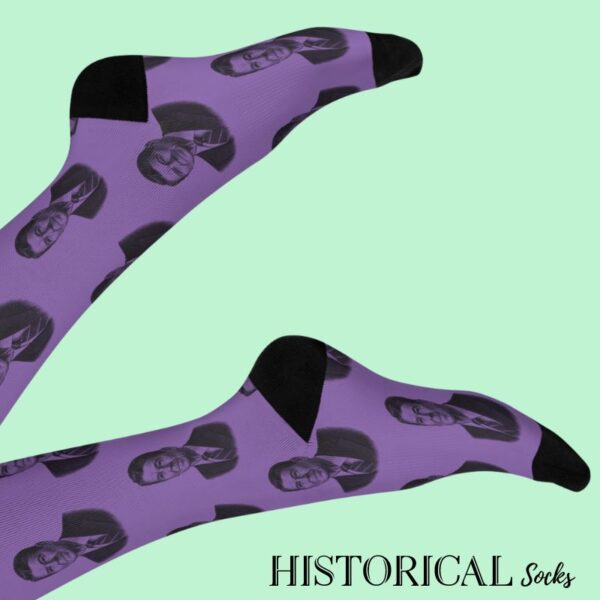 Purple socks with Ronald Reagan bust prints