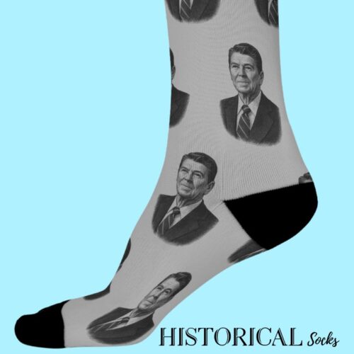 Close-up of Ronald Reagan portrait design on gray socks