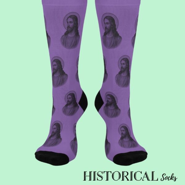 Front facing Jesus socks in purple