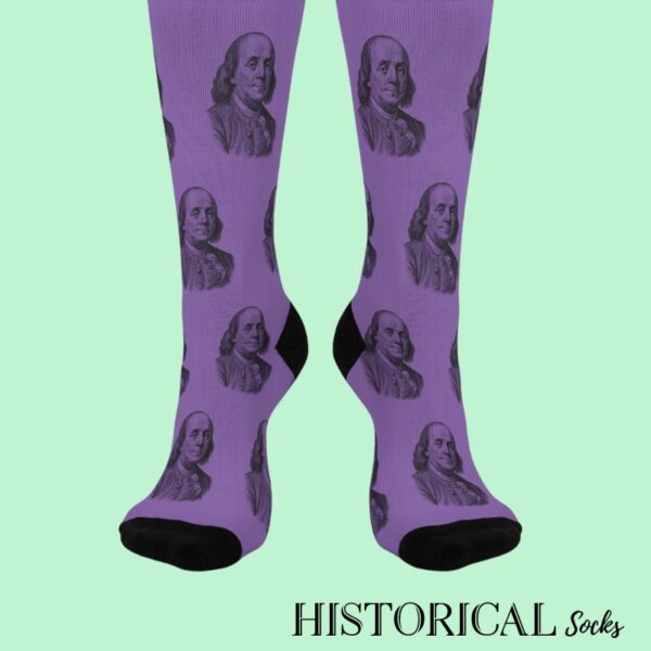 Purple socks with Benjamin Franklin prints