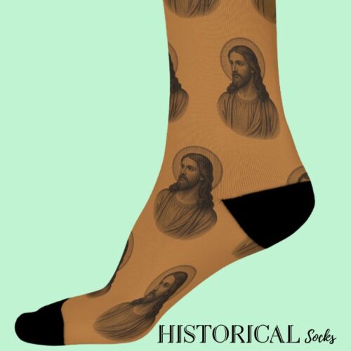 Brown sock close up with Jesus Christ prints