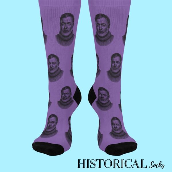 Front view of legs wearing Ernest Hemingway purple socks with black accents