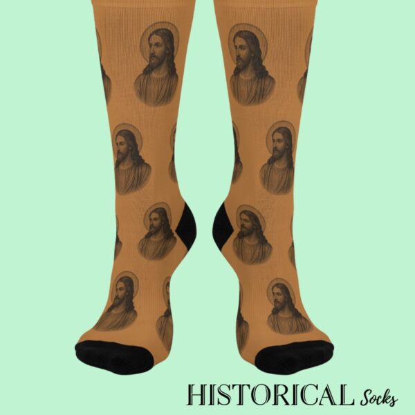 Front facing brown socks with Jesus prints