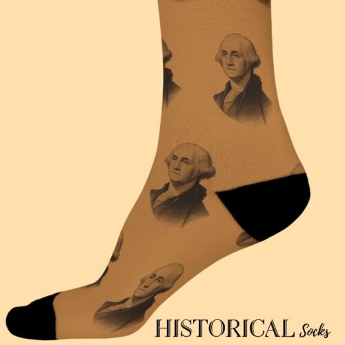 Brown George Washington sock with engraved portrait pattern, side view close-up