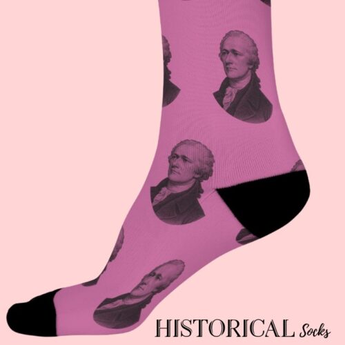 Side view of Alexander Hamilton Socks in pink with repeated portrait design