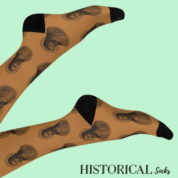 Light brown socks from the side with Jesus prints