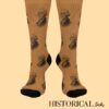 Front view of brown George Washington socks worn on both feet, engraved design visible