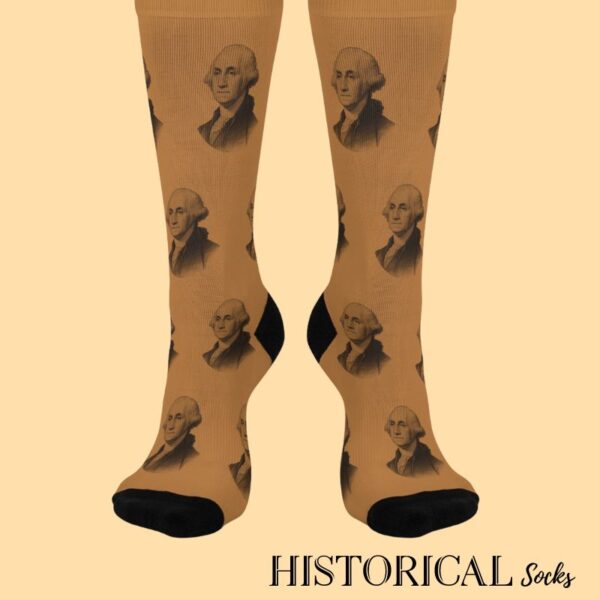 Front view of brown George Washington socks worn on both feet, engraved design visible