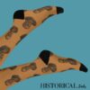 Franklin D. Roosevelt socks worn on crossed legs – brown with black detailing and vintage-style print