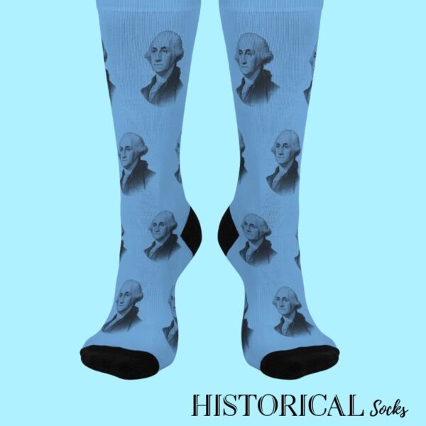 George Washington socks in blue with repeated portrait, full front view worn on legs