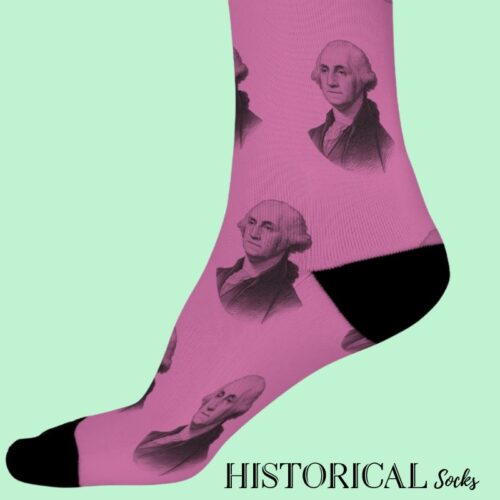 George Washington socks in pink with black heel and engraved portrait, side view on model legs