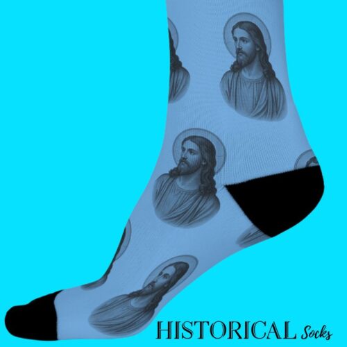 Blue Jesus socks with black accents, featuring classical portrait of Christ – side view on legs
