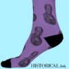 Side view of Harriet Tubman Socks in purple, showing her portrait pattern and comfortable slim fit during a walking pose.