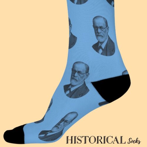 Side view of Sigmund Freud socks in blue with engraved portrait design and black heel/toe