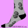 Side view of Ludwig van Beethoven socks in gray with repeated illustrated portrait design and black detailing