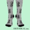 Front view of Epictetus Socks in gray, showing repeating philosopher print pattern