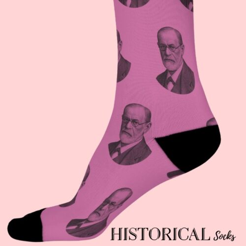 Side profile of Sigmund Freud pink socks with repeated portrait and black detailing