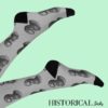 Gray crew socks featuring Epictetus portrait pattern, worn with legs raised against blue background