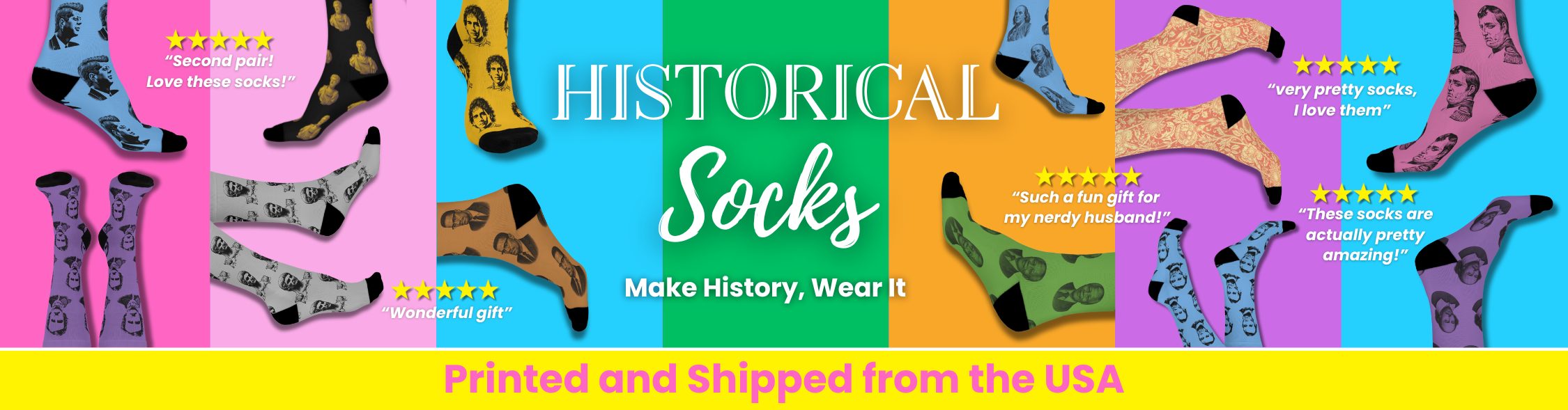 Colorful display of Historical Socks featuring famous figures like Nelson Mandela and Sigmund Freud, printed and shipped from the USA.